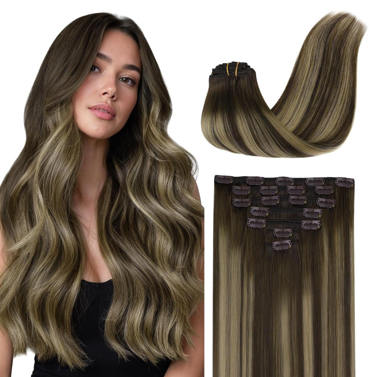 GOO GOO clip-in extensions in real human hair add effortless daily volume and natural shine
