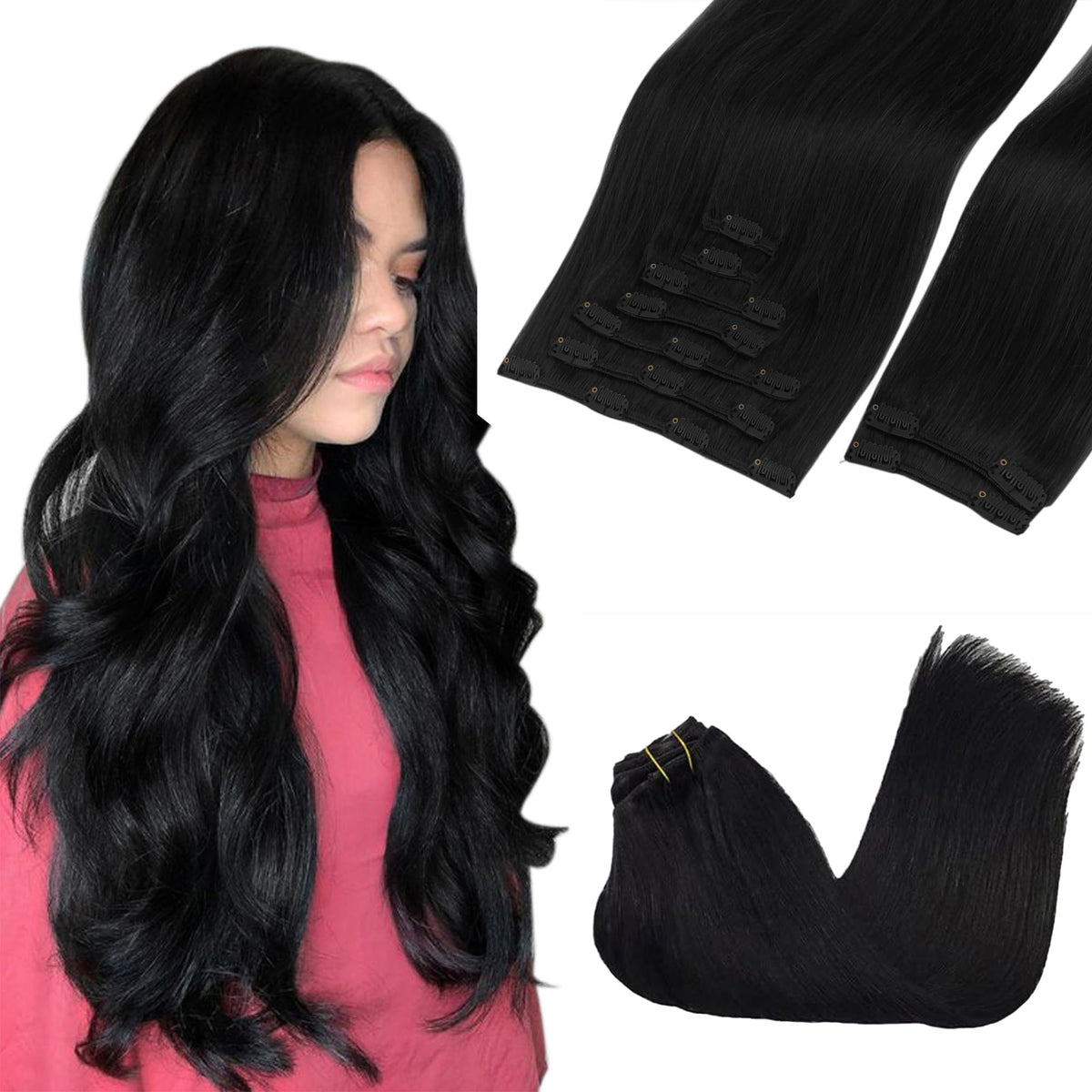 GOO GOO clip-in hair extensions in jet black for natural, seamless volume.
