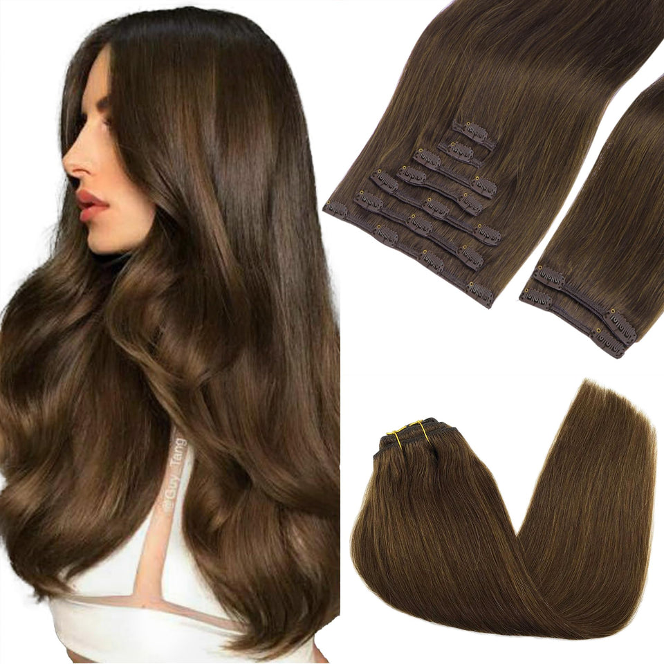 GOO GOO clip-in real human hair extensions, close-up seam detail for natural blend.