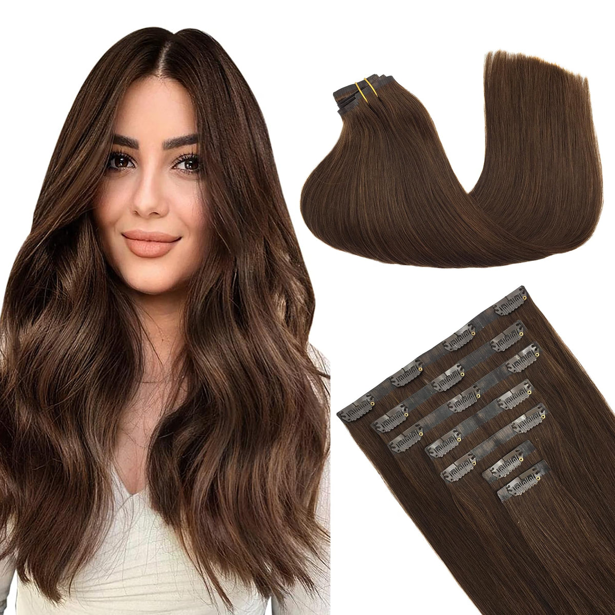 GOO GOO clip-in extensions with invisible skin-weft for comfort and natural blending