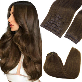 GOO GOO clip-in hair extensions in real human hair for natural blending and versatile styling.