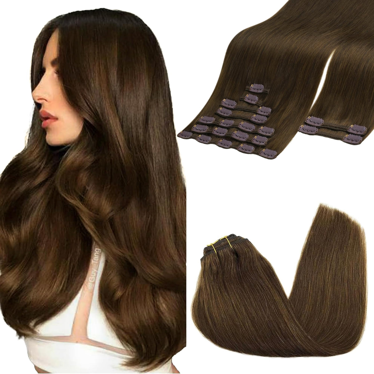 GOO GOO clip-in hair extensions in real human hair for natural volume.