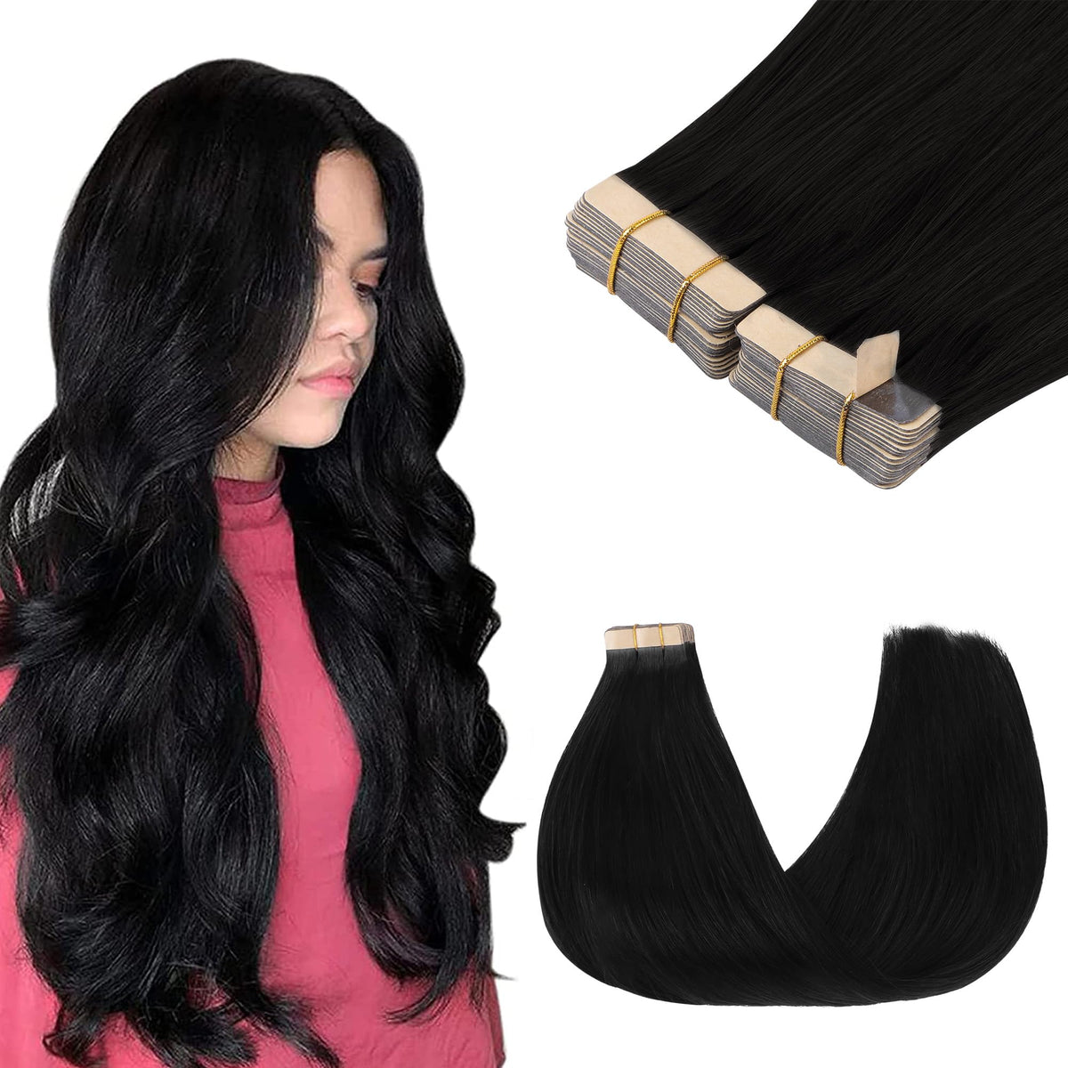 GOO GOO jet-black 18-inch tape-in extensions blend naturally with silky texture