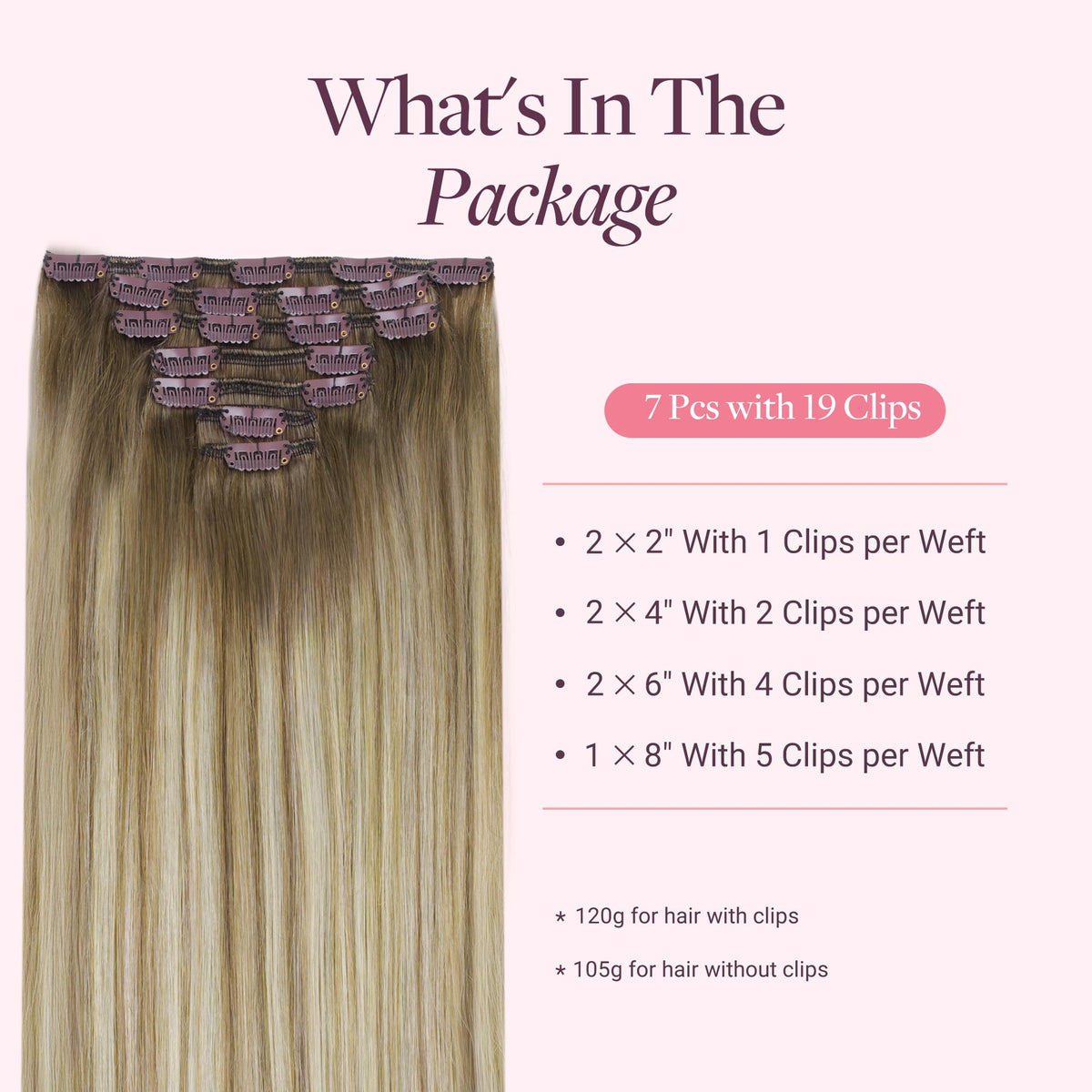 GOO GOO Remy clip-in extensions with silicone-backed clips for comfort.
