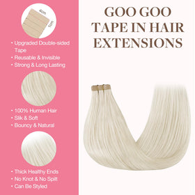 GOO GOO Remy platinum blonde hair in 20 inches for long, silky look.