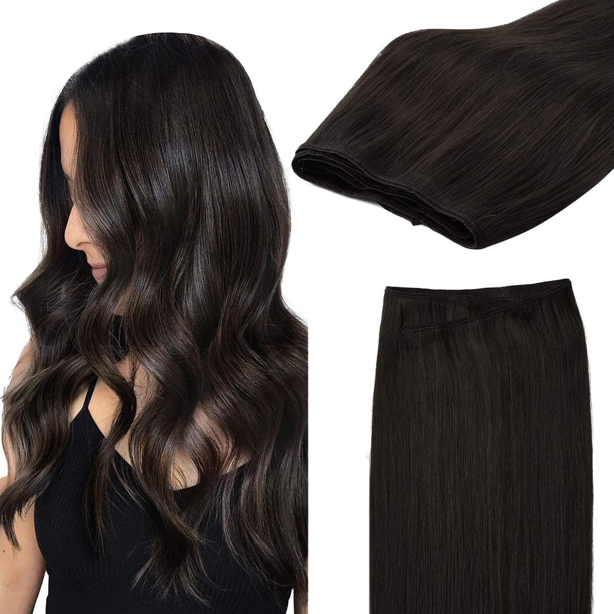 GOO GOO sew-in extensions in dark brown straight for a silky blend.