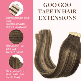 GOO GOO tape-in extensions skin-weft for seamless, comfortable wear.