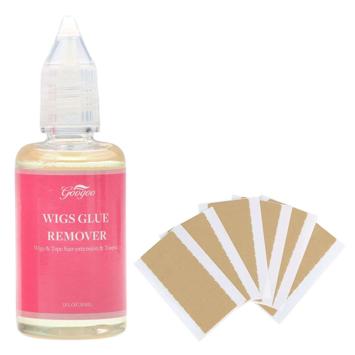 GOO GOO Tape-in Hair Extension Remover bottle demonstrates gentle adhesive release.
