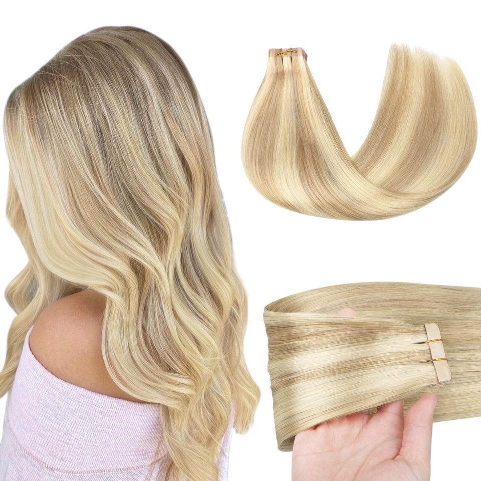 GOO GOO Tape-In Extensions in 18 inch Bleach Blonde blend naturally for a sun-kissed look