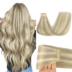 GOO GOO ash blonde platinum tape-in extensions blend naturally for a seamless look.