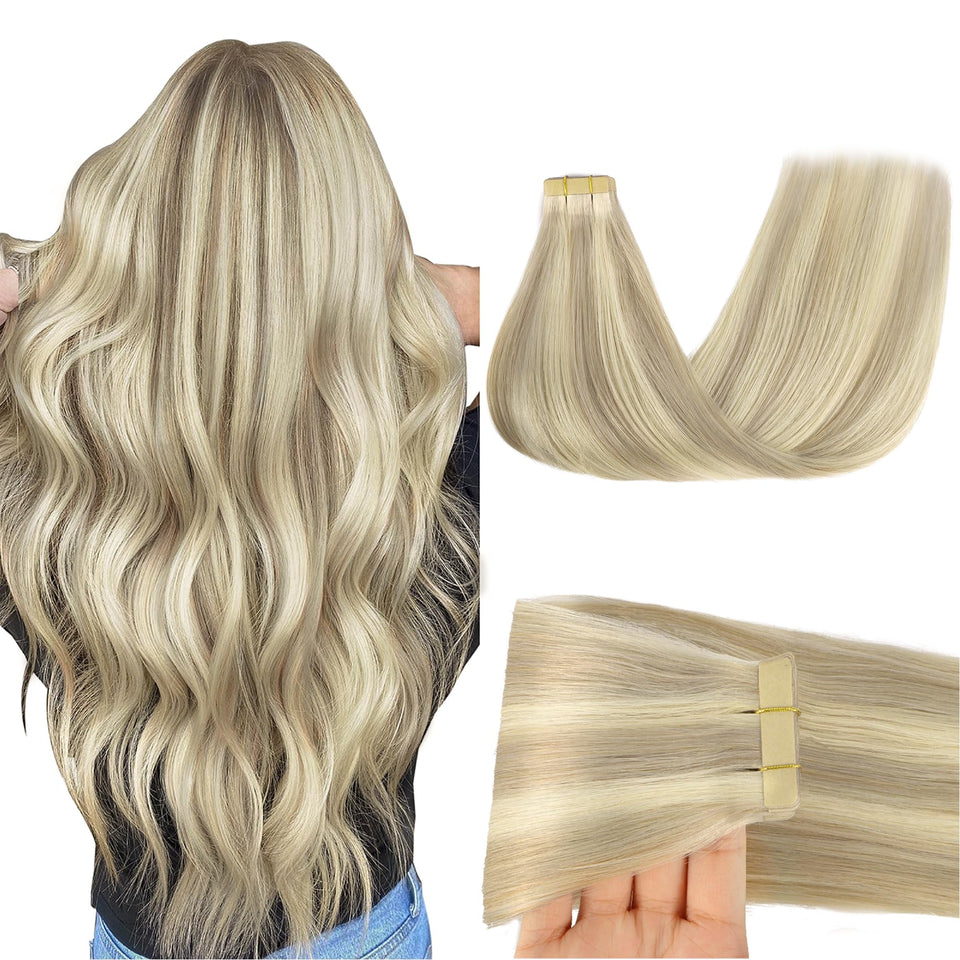 GOO GOO ash-blonde tape-in extensions blend naturally with a soft, silky finish