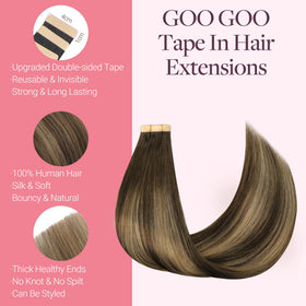 GOO GOO tape-in extensions invisible tape close-up for secure wear.