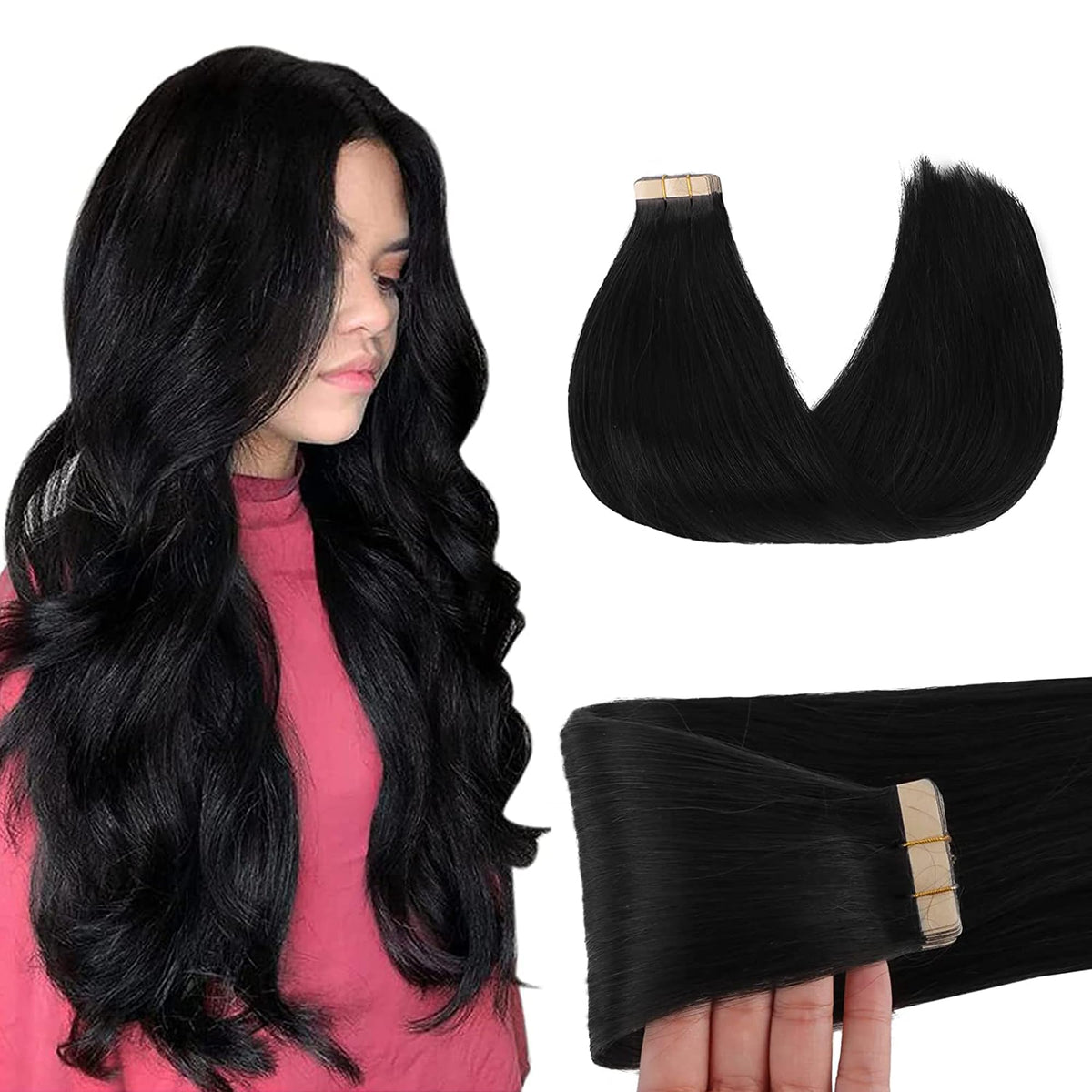 GOO GOO jet-black 18-inch tape-in extensions blending for natural look