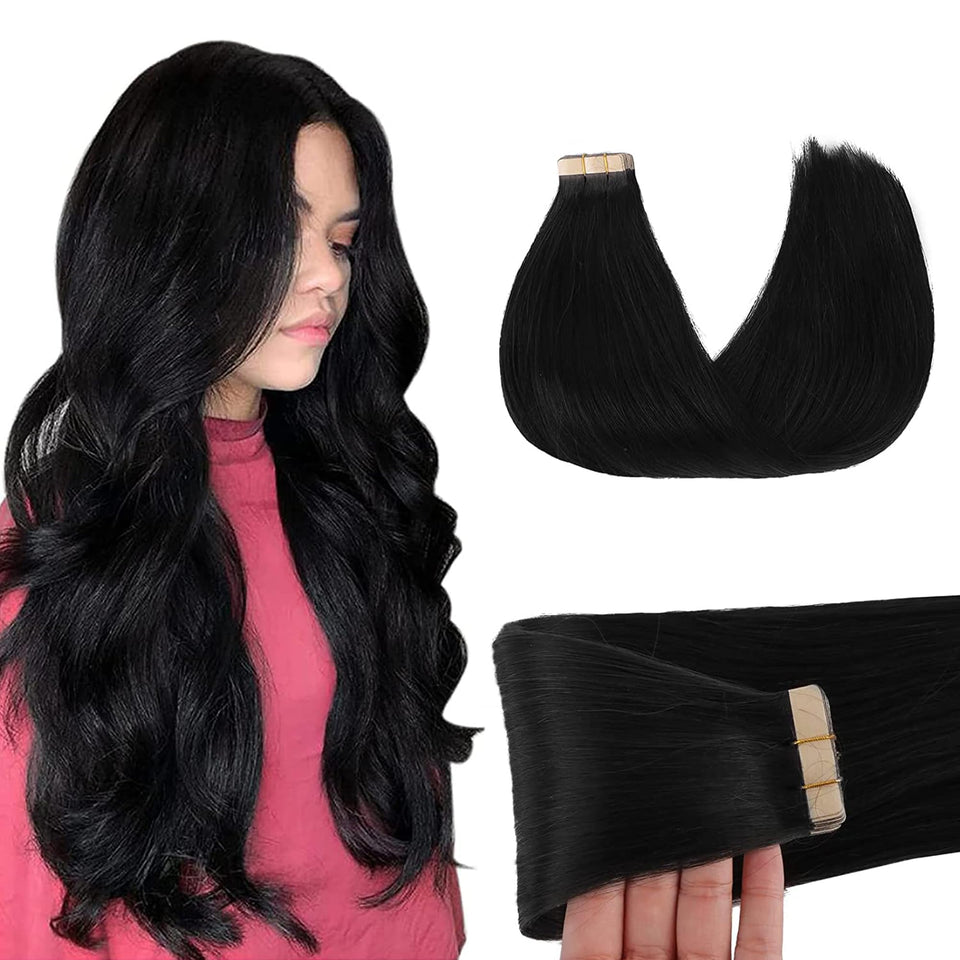 GOO GOO jet-black 18-inch tape-in extensions blending for natural look