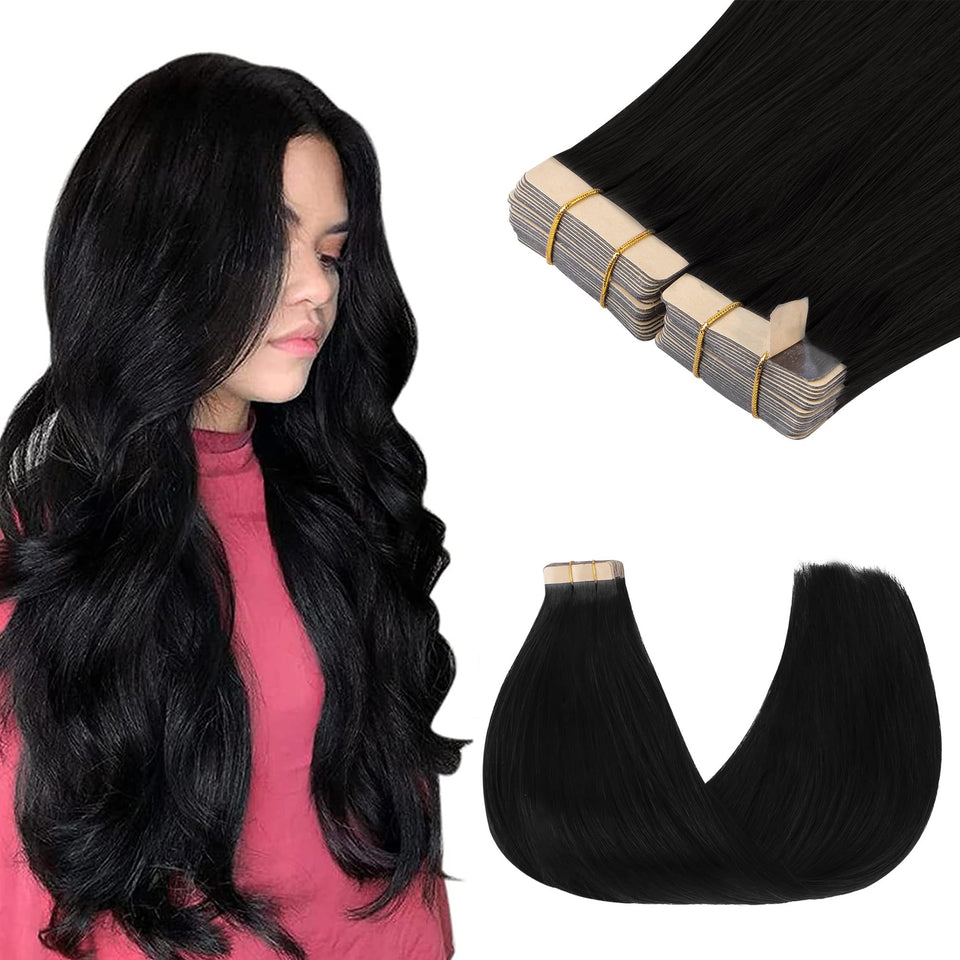 GOO GOO jet-black tape-in hair extensions blend seamlessly for 22-inch length.