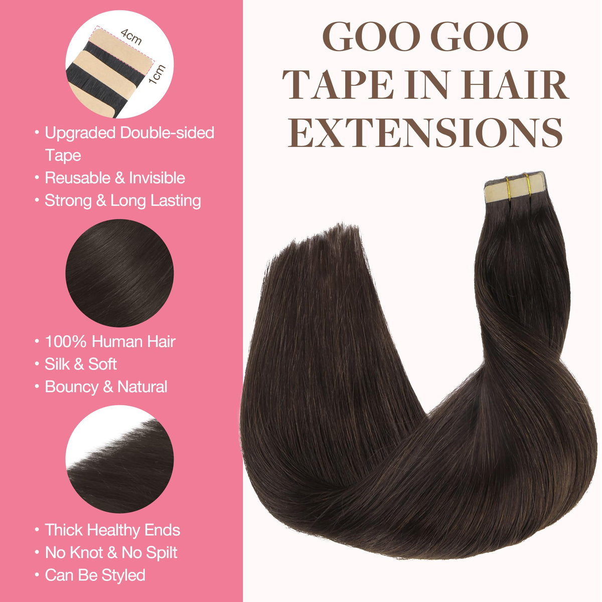 GOO GOO tape-in extensions in light brown provide seamless invisibility for everyday style