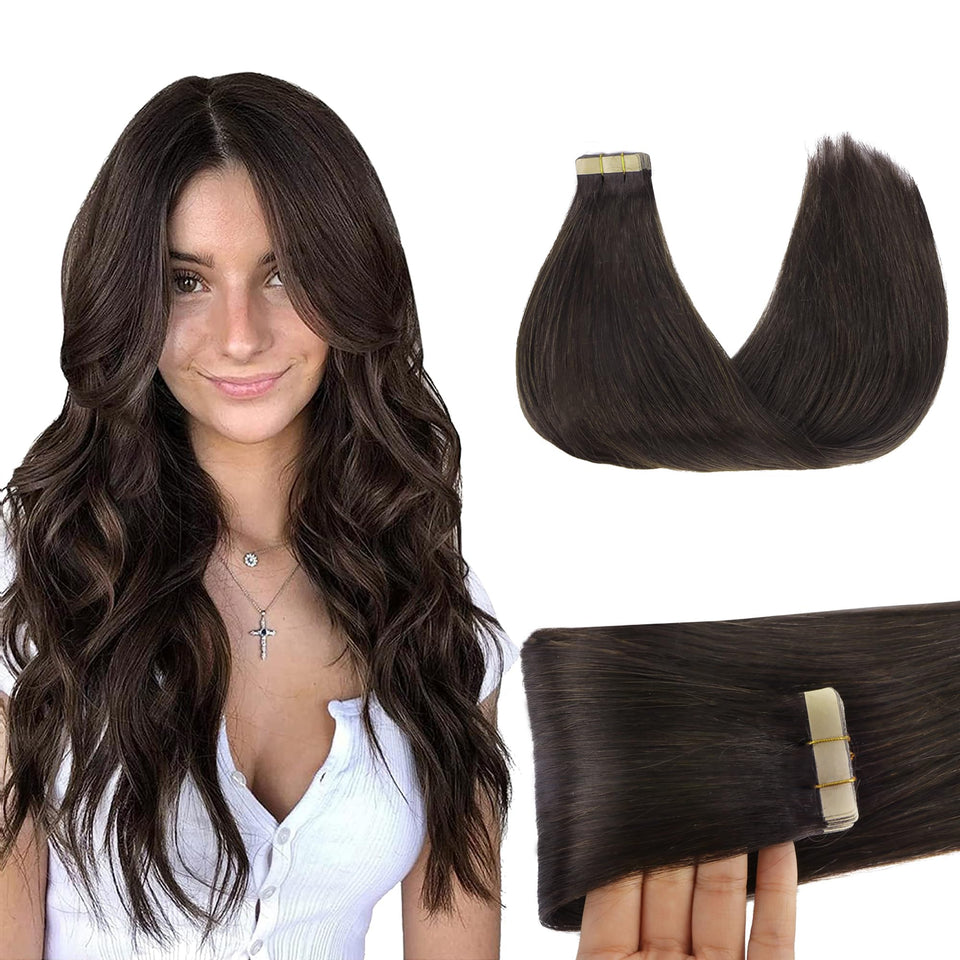 GOO GOO tape-in hair extensions in light brown with a skin-weft for natural blending