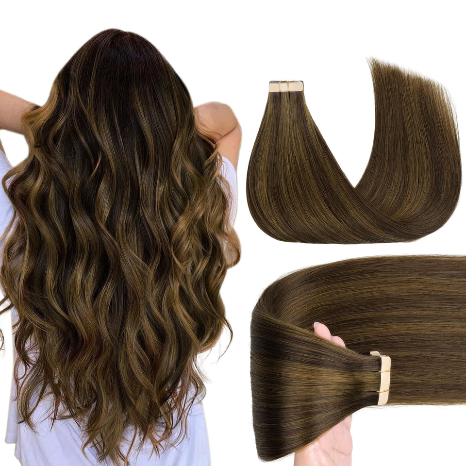 GOO GOO Remy tape-in extensions in 20 inches with skin-weft for seamless blend.