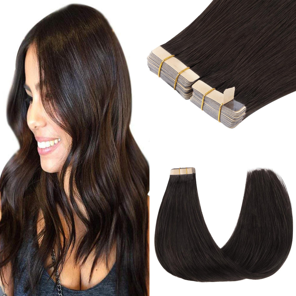 GOO GOO Remy tape-in extensions with skin-weft 24in dark brown for seamless blend.