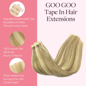 GOO GOO Tape in Hair Extensions twenty pieces pack illustrates length options for versatile styling.