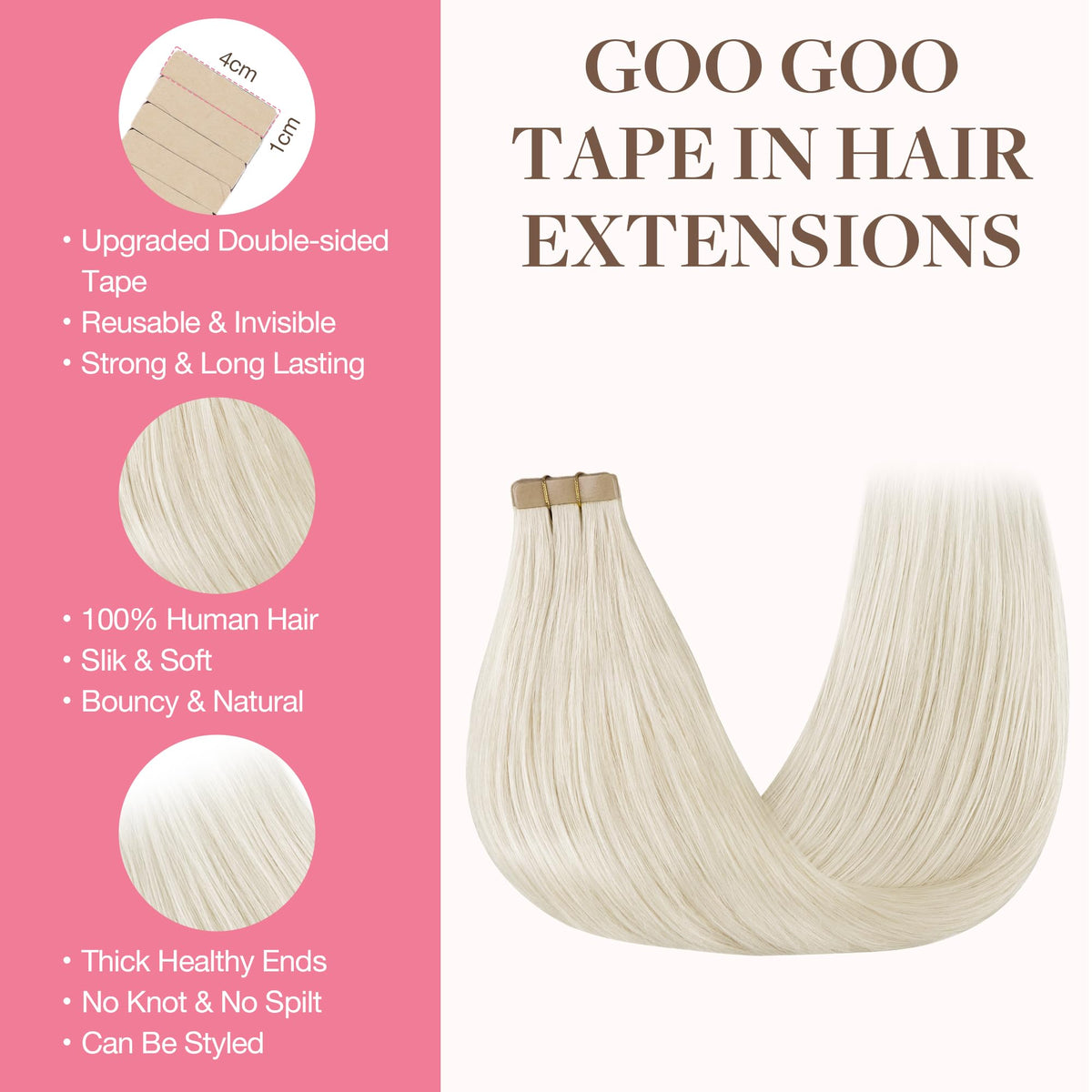 GOO GOO tape-in extensions weft close-up shows silky texture for natural-looking results