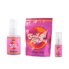 Good Ass Hair Day Dry Shampoo Refill Dark label closeup emphasizes all-natural ingredients and scent