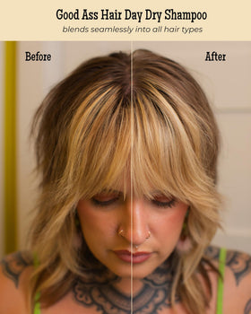 Good Ass Hair Day Dry Shampoo Refill Dark texture application shows seamless blend with hair color