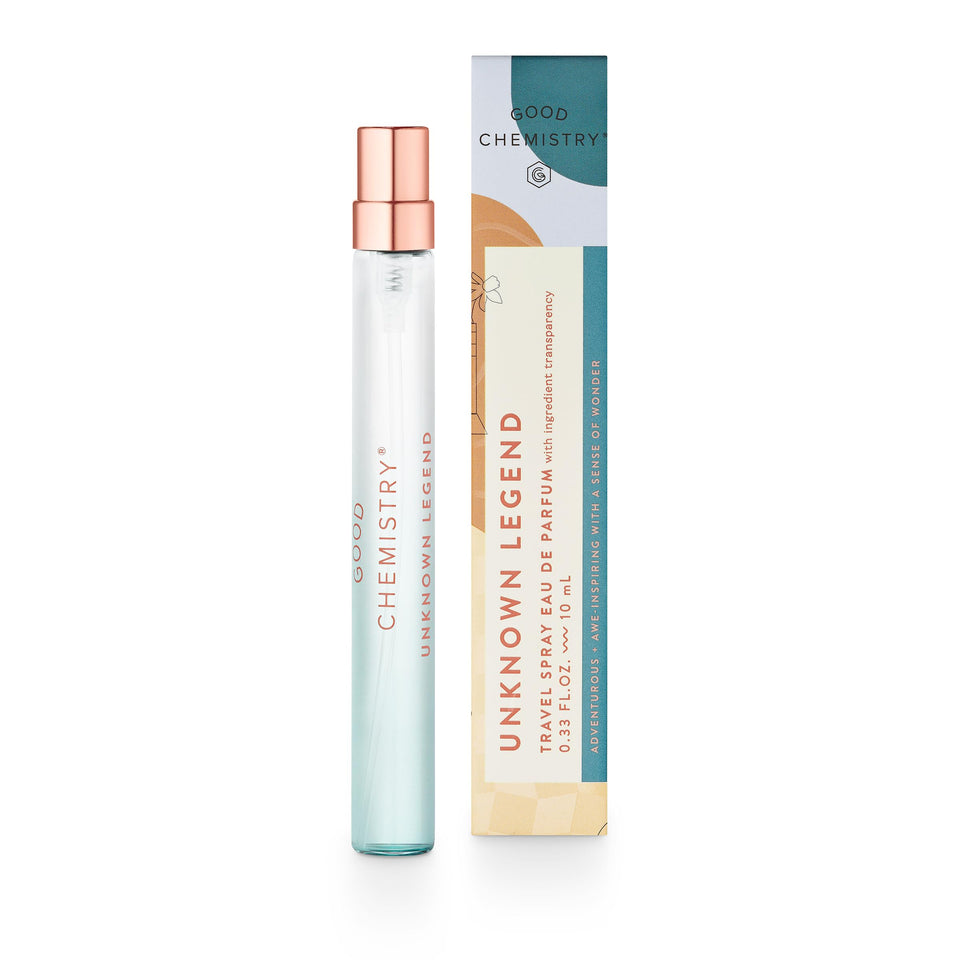 Good Chemistry Unknown Legend travel spray cap close-up shows portable, premium design.
