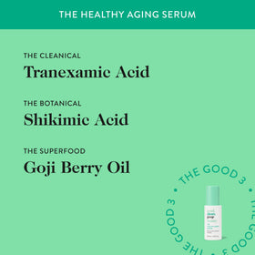 Good Clean Goop Beauty Healthy Aging Serum ingredients graphic emphasizes tranexamic acid and goji oil.