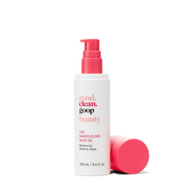 Good Clean Goop Naked Elixir Body Oil bottle highlighting lightweight hydration for daily use.