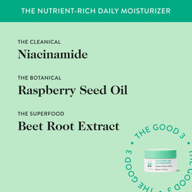 Niacinamide and raspberry seed oil ingredients highlighted on Good Clean Goop packaging.