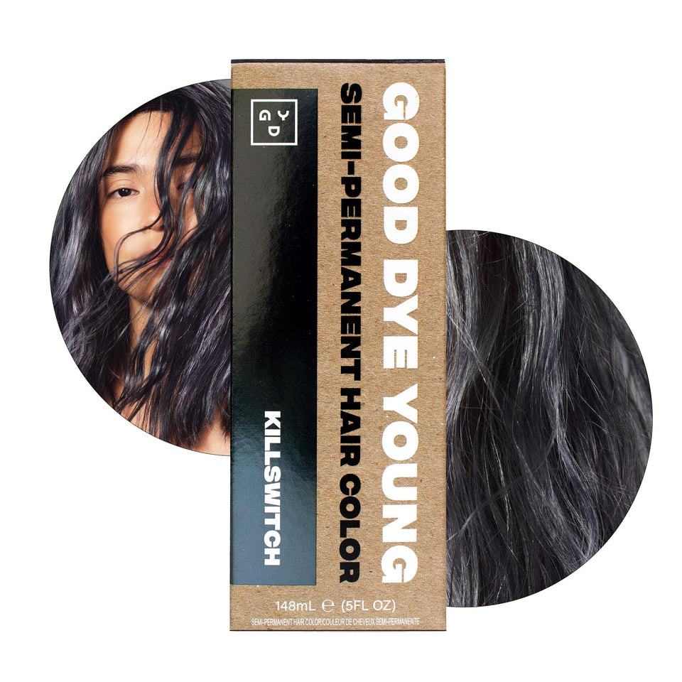 Good Dye Young Killswitch gray bottle close-up showing UV protection and lasting shade.