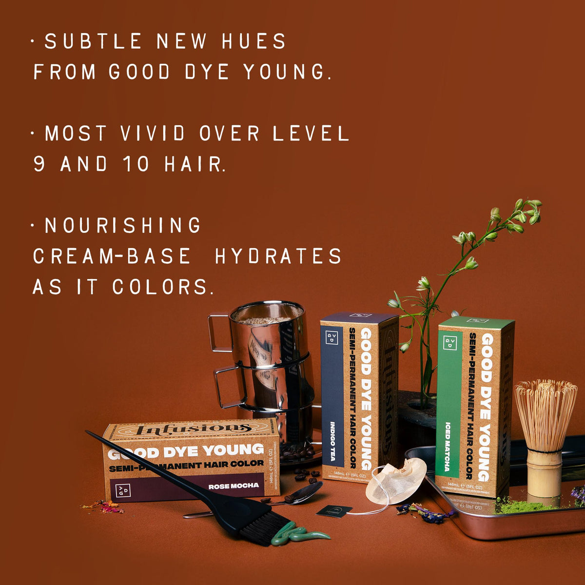 Good Dye Young Rose Mocha bottle beside brushes for convenient at home color