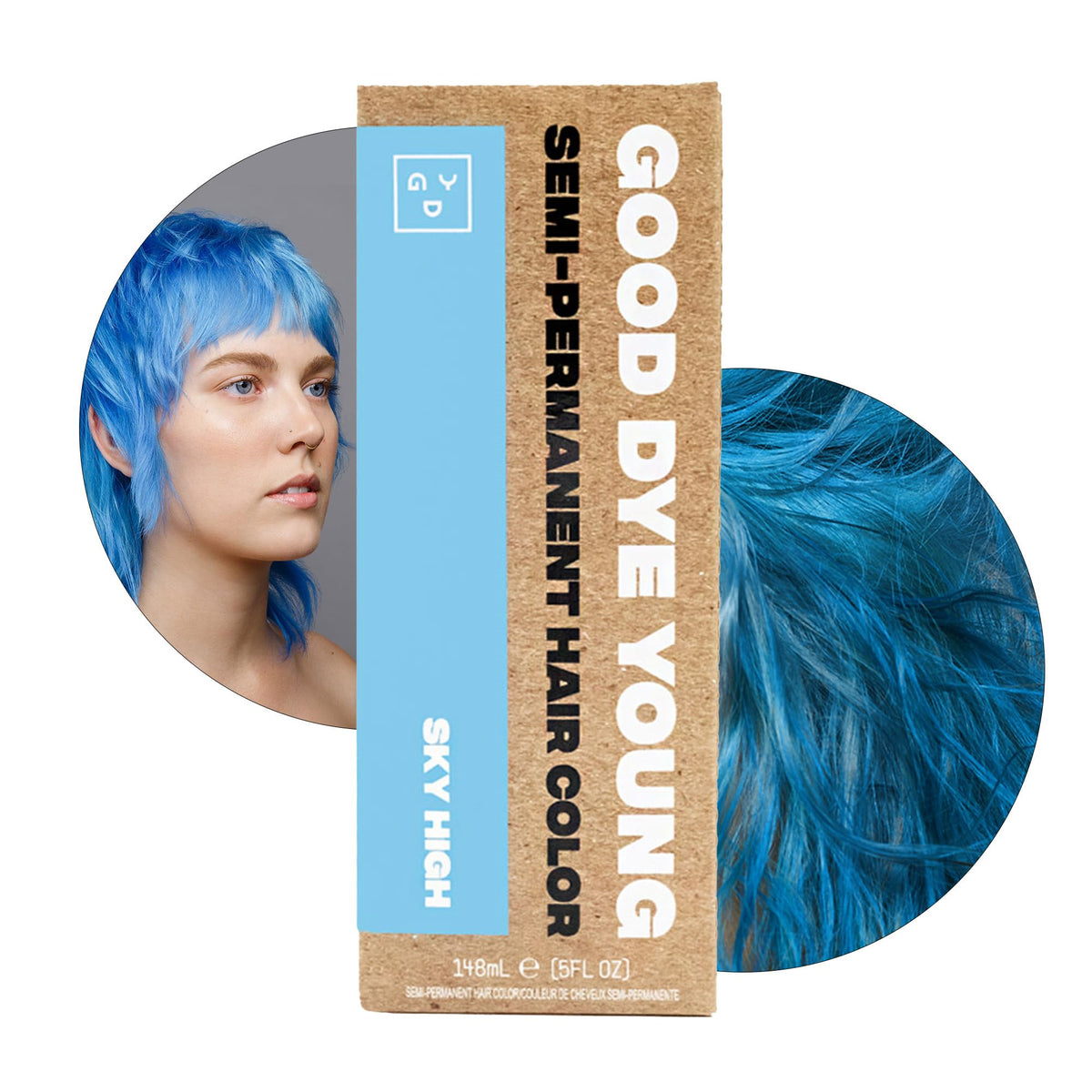 Good Dye Young Sky High Blue hair dye jar shows vibrant color preview for salon-like results