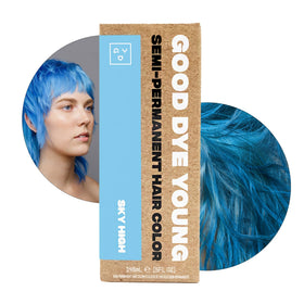 Good Dye Young Sky High Blue hair dye jar shows vibrant color preview for salon-like results