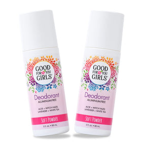 Good For You Girls aluminum-free deodorant bottle with soft powder finish for daily freshness.