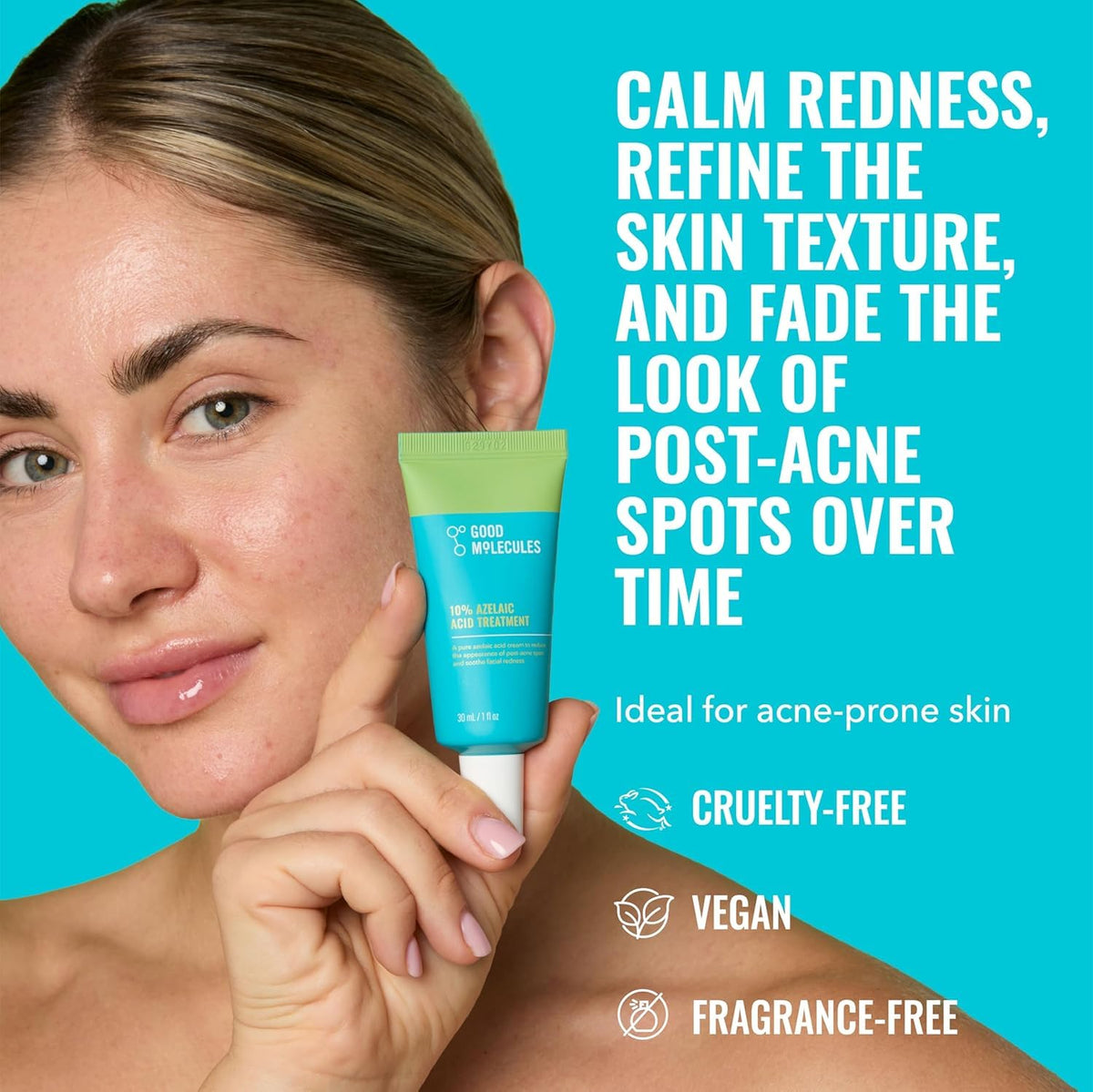 Good Molecules azelaic acid treatment bottle back with ingredient info and gentle routine
