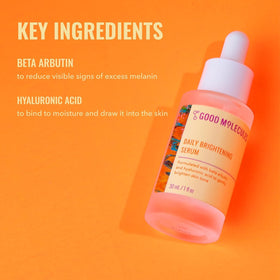 Good Molecules Daily Brightening Serum label closeup highlighting gentle formula.