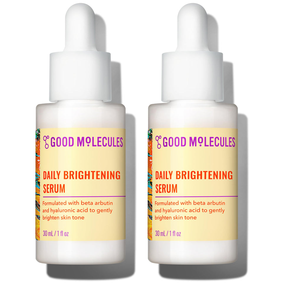 Good Molecules Daily Brightening Serum pack bottle showing two bottles for daily use.