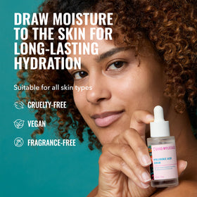 Good Molecules Hyaluronic Acid Serum Pack 3 bottles with dropper demonstrates deep hydration in a quick-absorb formula