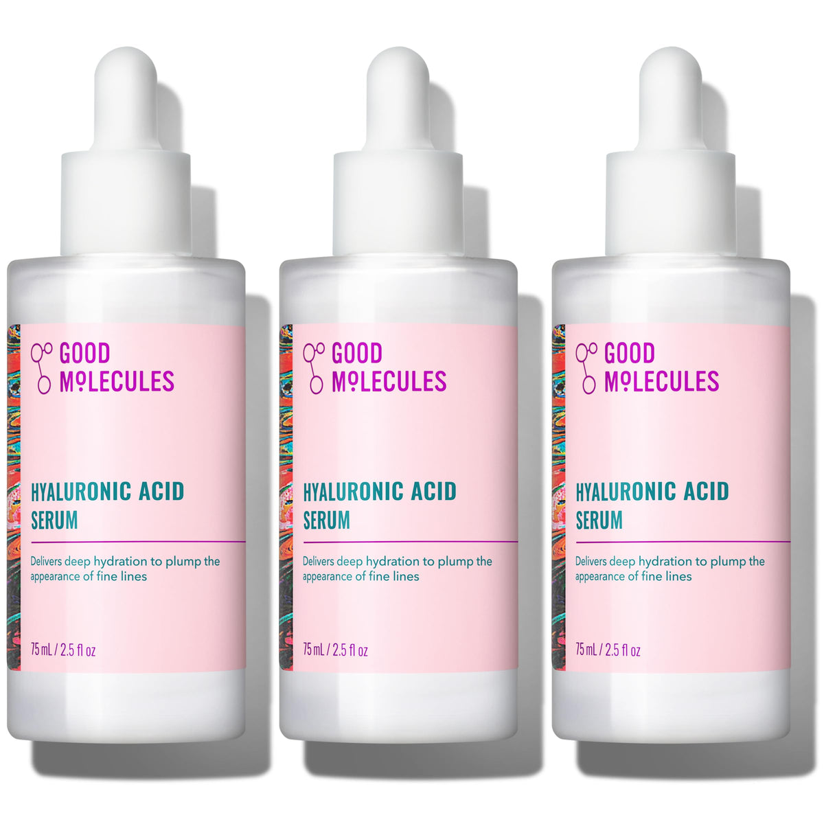Good Molecules Hyaluronic Acid Serum Pack 3 bottle label for hydrated skin
