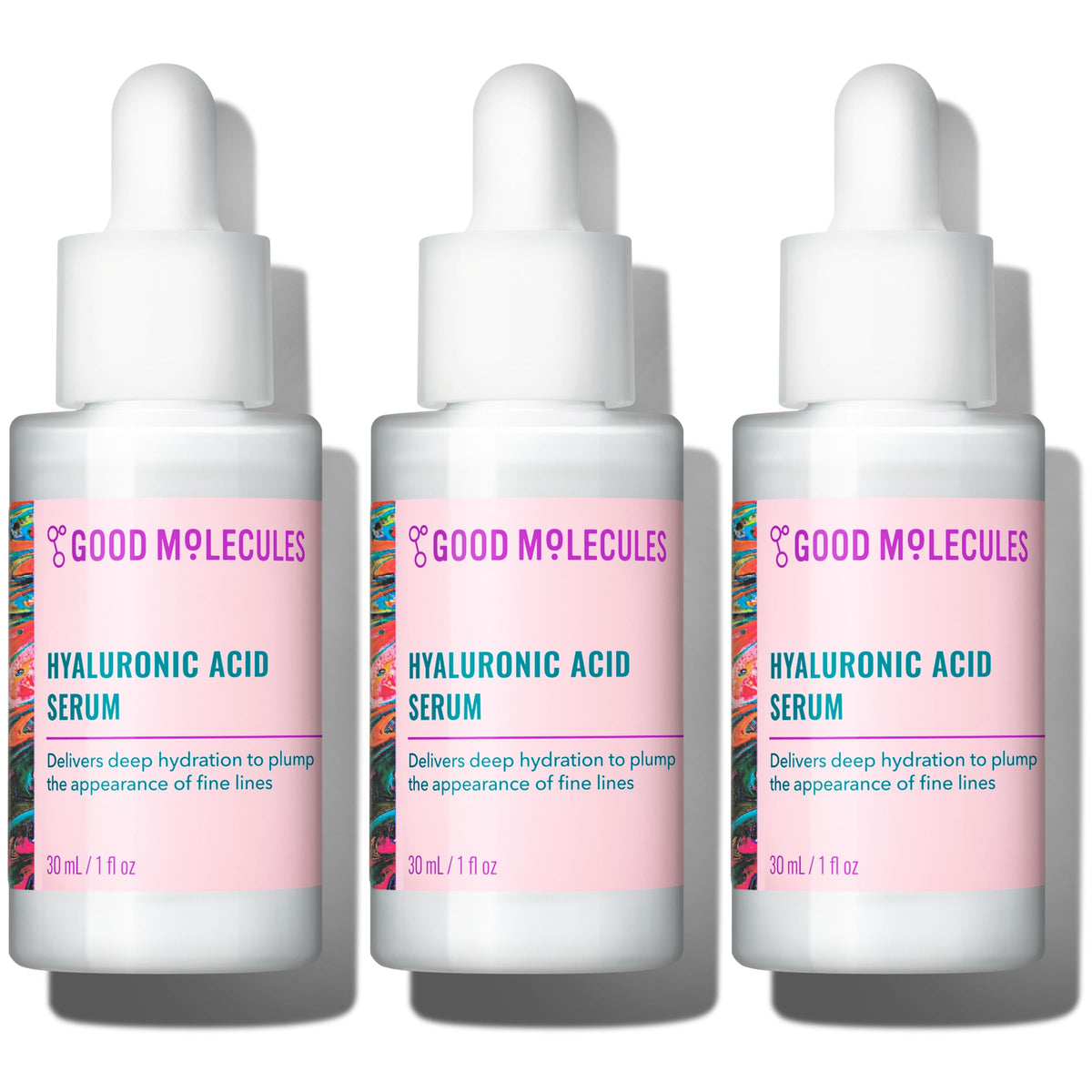 Good Molecules Hyaluronic Acid Serum Pack 3 bottle front showing lightweight hydration for radiant skin