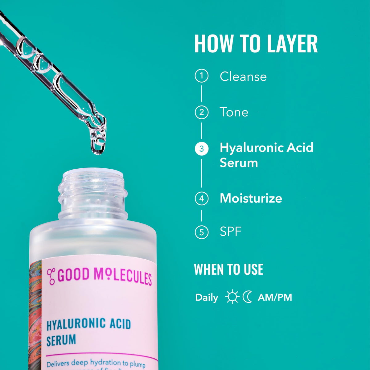 Good Molecules Hyaluronic Acid Serum Pack 3 closeup on ingredients shows multi-weight HA for layered hydration