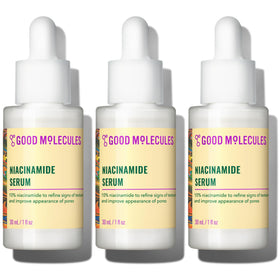 Good Molecules Niacinamide Serum Pack 3 bottle front promotes a clearer complexion.