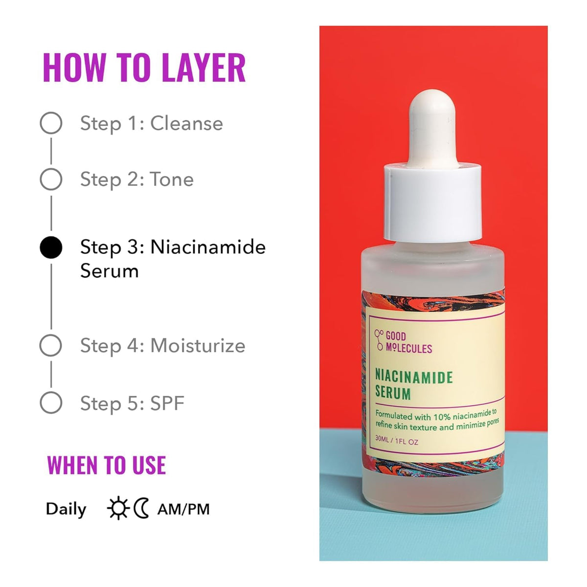 Good Molecules Niacinamide Serum Pack 3 ingredients list highlights 10% niacinamide.