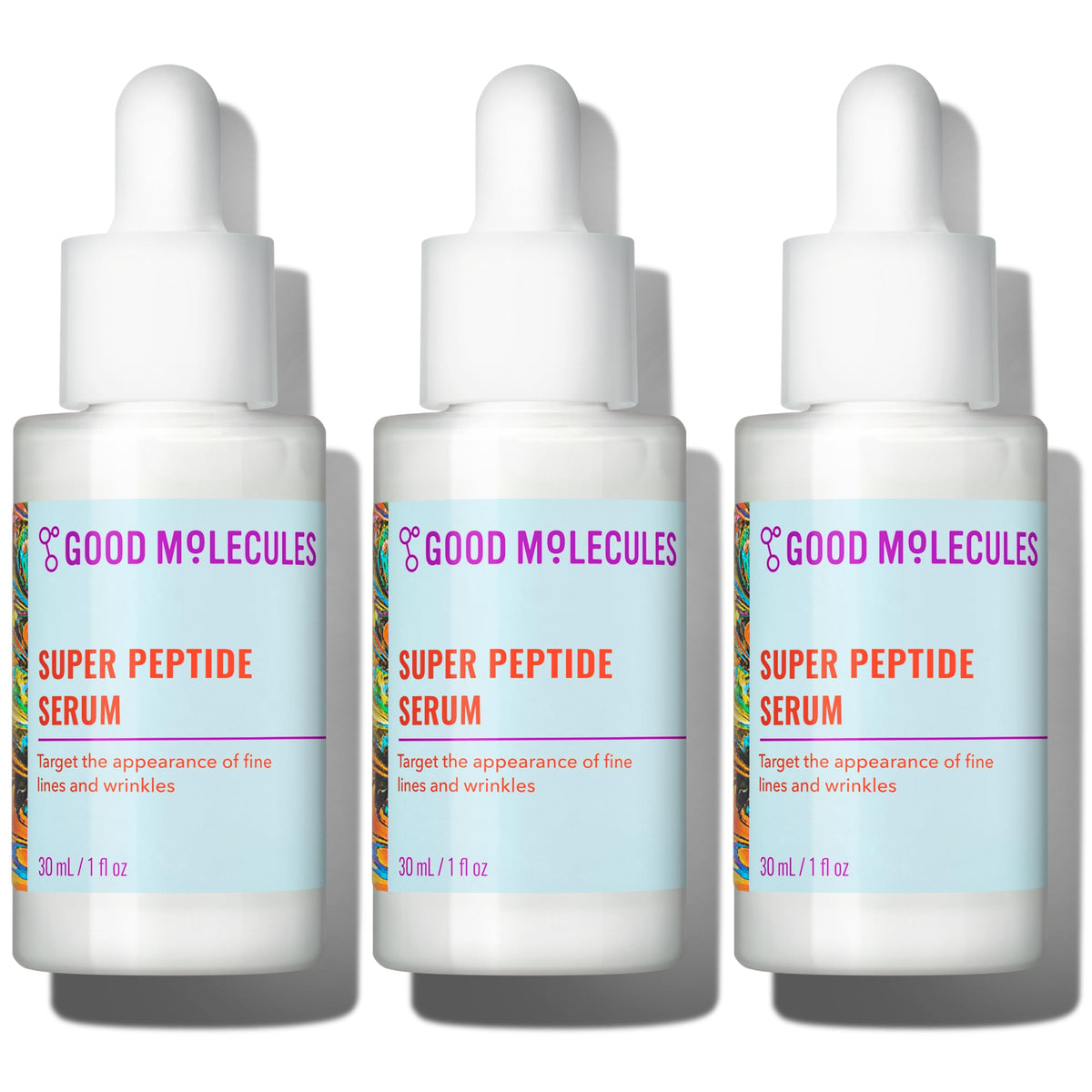 Good Molecules Super Peptide Serum Pack 3 bottle front view highlighting hydration benefits.