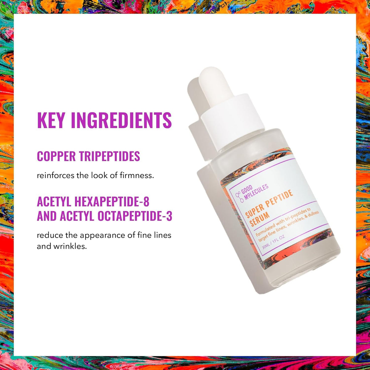 Good Molecules Super Peptide Serum Pack 3 label closeup showing lightweight, water-based formula.