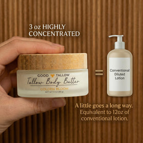 Good Tallow Golden Bloom ingredients jar emphasizing grass-fed tallow and jojoba benefits