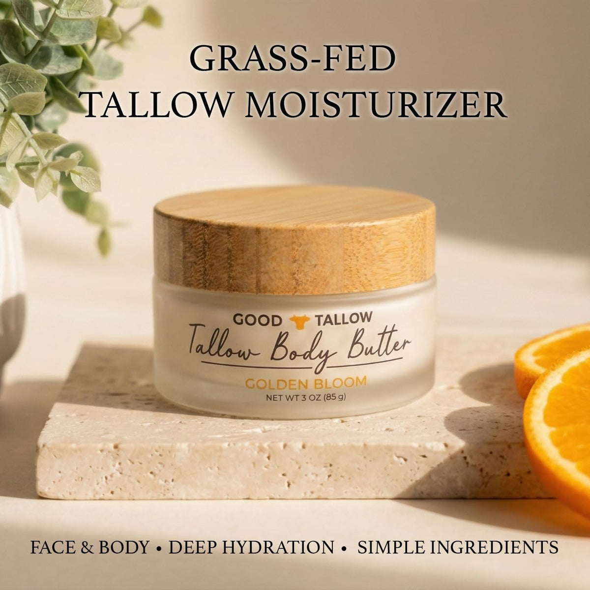 Good Tallow Golden Bloom jar closeup highlighting a creamy texture and long-lasting moisture