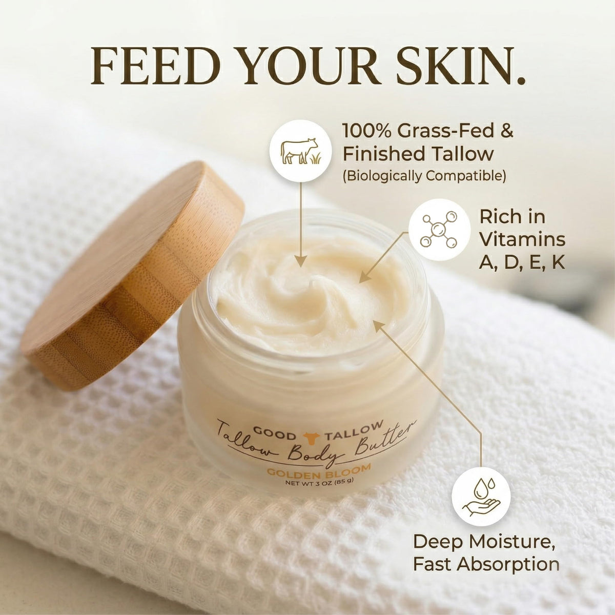 Good Tallow Golden Bloom texture swatch illustrating melt-in absorption on skin